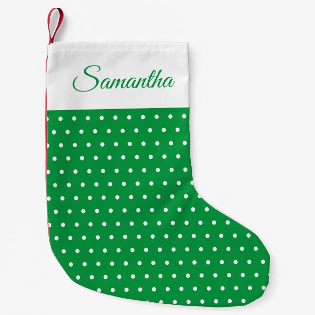 Petite Chaussette De Noël Nom personnalisé Pointe Polka verte et blanche (Devant)