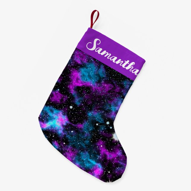 Petite Chaussette De Noël Nom personnalisé Purple et Blue Galaxy Cosmic (Devant (Accrochage))