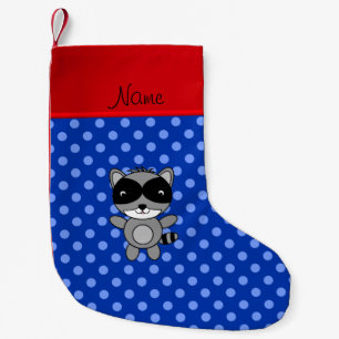 Petite Chaussette De Noël Nom personnalisé raccoon bleu pois