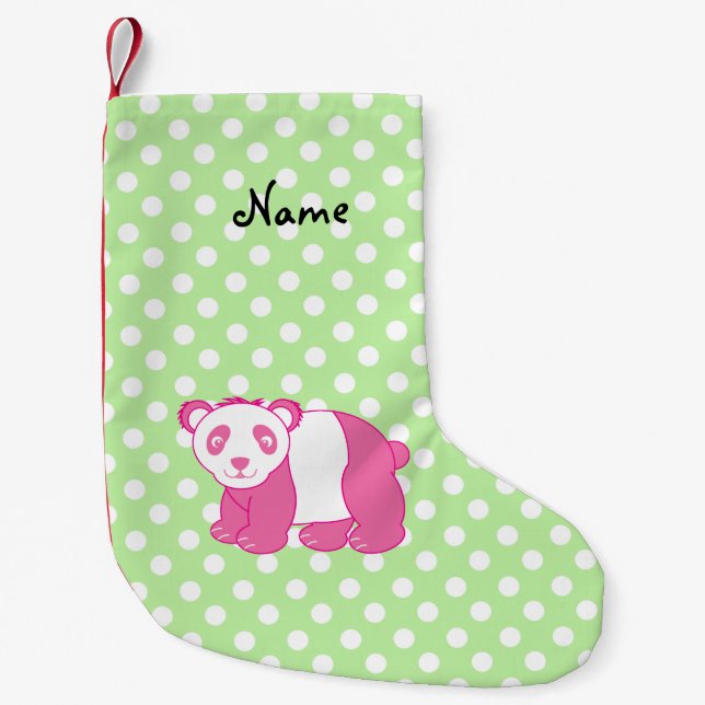 Petite Chaussette De Noël Nom personnalisé rose panda pois vert (Devant)