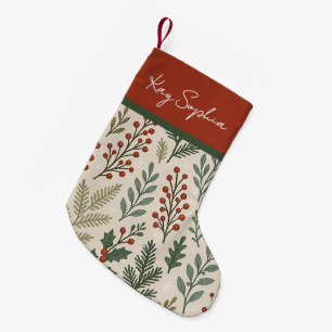 Petite Chaussette De Noël Nom personnalisé sur motif de baie de houx botaniq