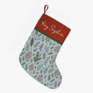 Petite Chaussette De Noël Nom personnalisé sur motif de baie de houx botaniq