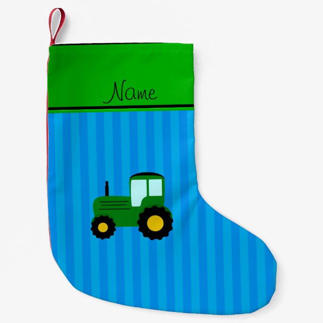 Petite Chaussette De Noël Nom personnalisé tracteur vert bandes bleues (Devant)