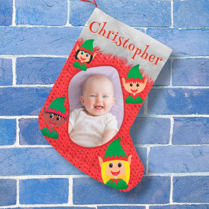 Petite Chaussette De Noël Nom photo personnalisé Elf Texte Crochet rouge Imp