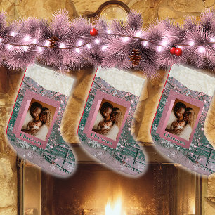 Petite Chaussette De Noël Nom rose Noël d'hiver Photo de famille