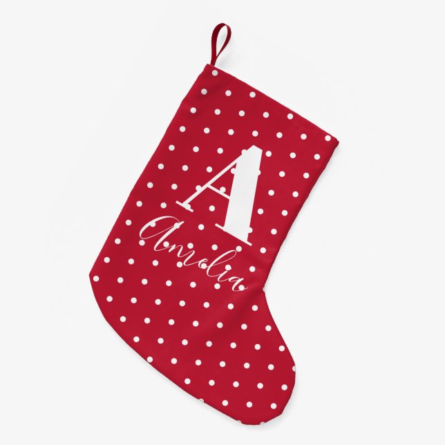 Petite Chaussette De Noël Nom rouge Monogramme Pois double face (Devant (Accrochage))