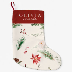 Petite Chaussette De Noël Noms élégants de poinsettia et houx de pin Boho