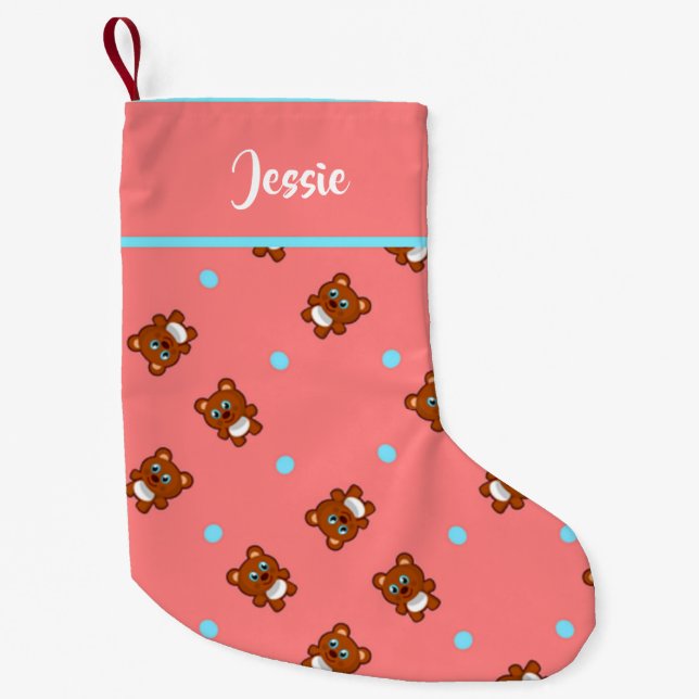 Petite Chaussette De Noël Nounours mignon sur rose (Devant)