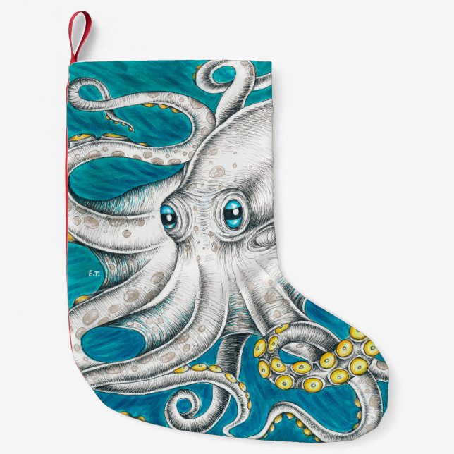 Petite Chaussette De Noël Octopus Tentacles encre turquoise verte (Devant)