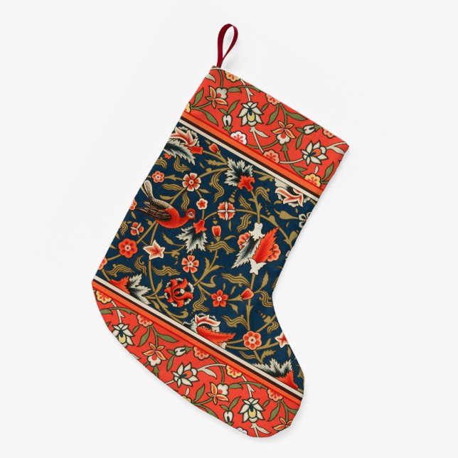 Petite Chaussette De Noël Oiseau et fleurs Perse Motif bleu rouge (Devant (Accrochage))