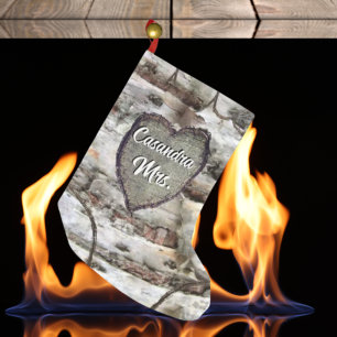 Petite Chaussette De Noël Oiseau rustique Bois Coeur sculpté Aspen Arbre