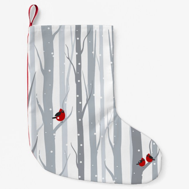 Petite Chaussette De Noël Oiseaux d'hiver : Arbres gris, Oiseaux rouges (Devant)