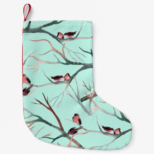 Petite Chaussette De Noël Oiseaux d'hiver Branches de l'arbre Aquarelle (Devant)