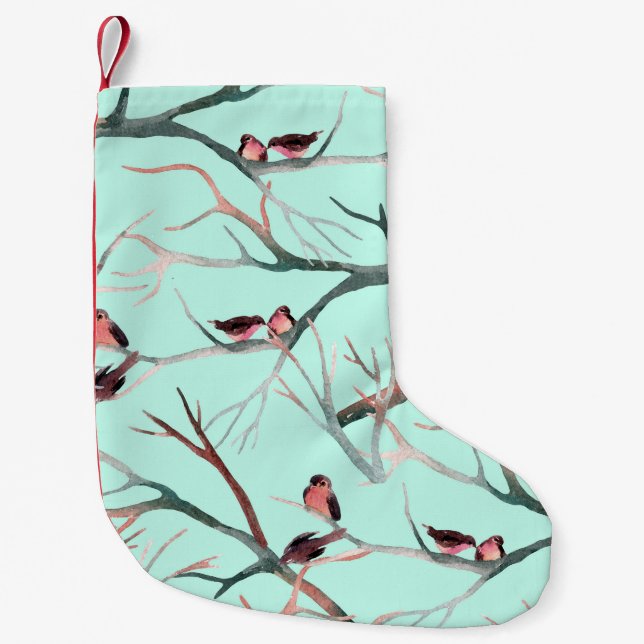 Petite Chaussette De Noël Oiseaux d'hiver Branches de l'arbre Aquarelle (Devant)