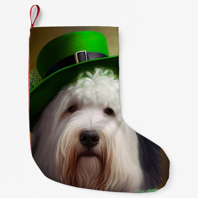 Petite Chaussette De Noël Old English Sheepdog en tenue de la Saint-Patrick (Devant)