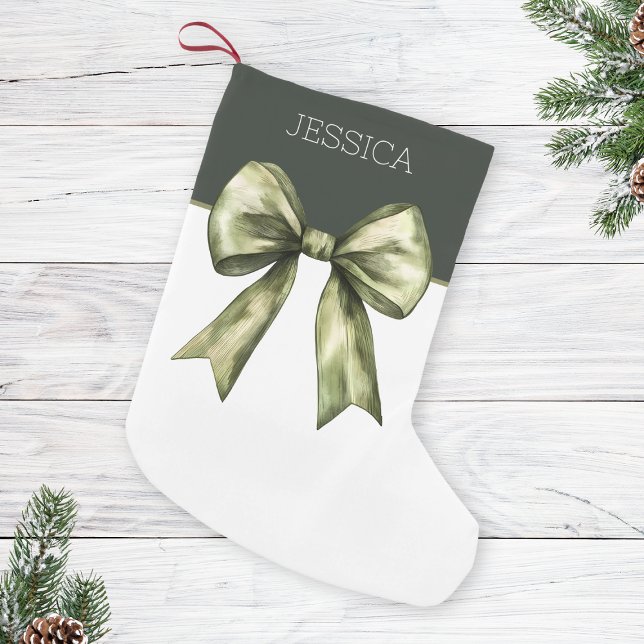 Petite Chaussette De Noël Olive Vert aquarelle Bow Moderne Mignonne Noël (Olive Green Watercolor Bow Modern Cute Christmas Small Christmas Stocking)