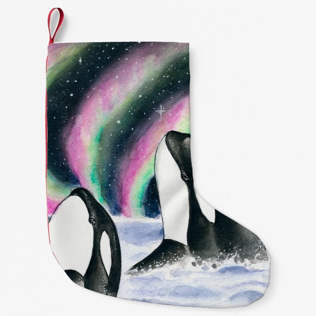 Petite Chaussette De Noël Orca Whale Galaxy Northern Lights Stars Aquarelle (Devant)
