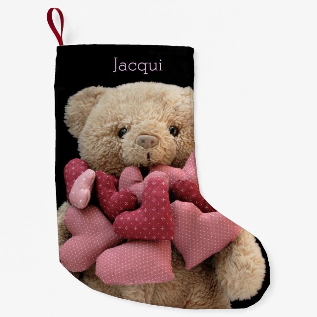 Petite Chaussette De Noël Ours en peluche au coeur en tissu (Devant)