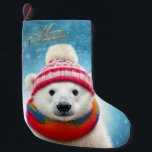 Petite Chaussette De Noël Ours polaire chapeau de Père Noël et Écharpe<br><div class="desc">Un Ours Polaire portant un chapeau de Père Noël et une écharpe de neige tombante. Joyeux salut de Noël.</div>