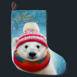 Petite Chaussette De Noël Ours polaire chapeau de Père Noël et Écharpe<br><div class="desc">Un Ours Polaire portant un chapeau de Père Noël et une écharpe de neige tombante. Joyeux salut de Noël.</div>