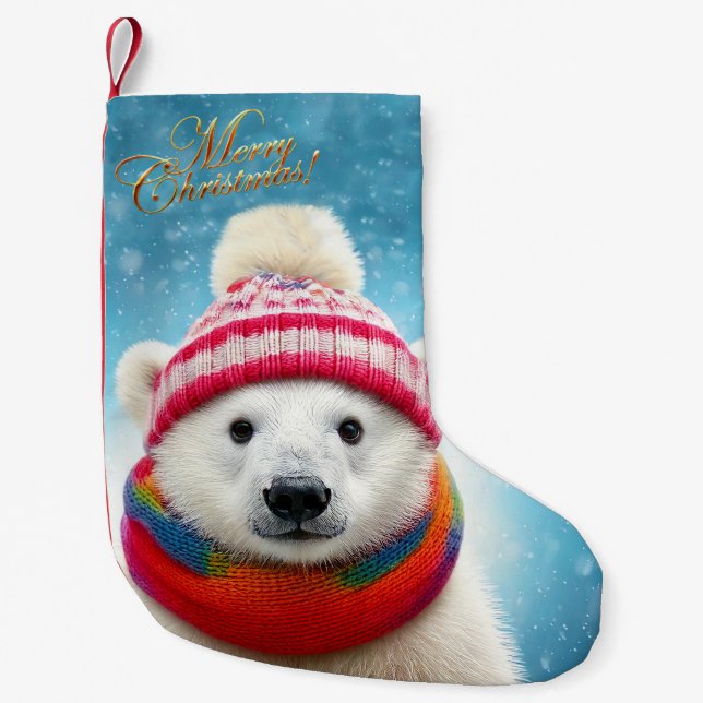 Petite Chaussette De Noël Ours polaire chapeau de Père Noël et Écharpe (Devant)