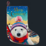 Petite Chaussette De Noël Ours polaire chapeau de Père Noël et écharpe Joyeu<br><div class="desc">Un Ours Polaire portant un chapeau de Père Noël et une écharpe de neige tombante. Joyeux salut de Noël.</div>