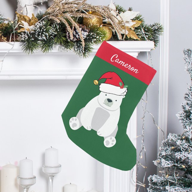 Petite Chaussette De Noël Ours polaire mignon à Santa Hat Monogramme Enfants (Créateur téléchargé)