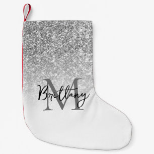 Petite Chaussette De Noël Paillettes Argent Monogrammé Blanc Ombré