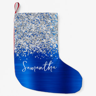 Petite Chaussette De Noël Paillettes Argentées Bleu Royal Glam Nom