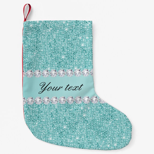 Petite Chaussette De Noël Paillettes turquoises et diamants de Faux (Devant)