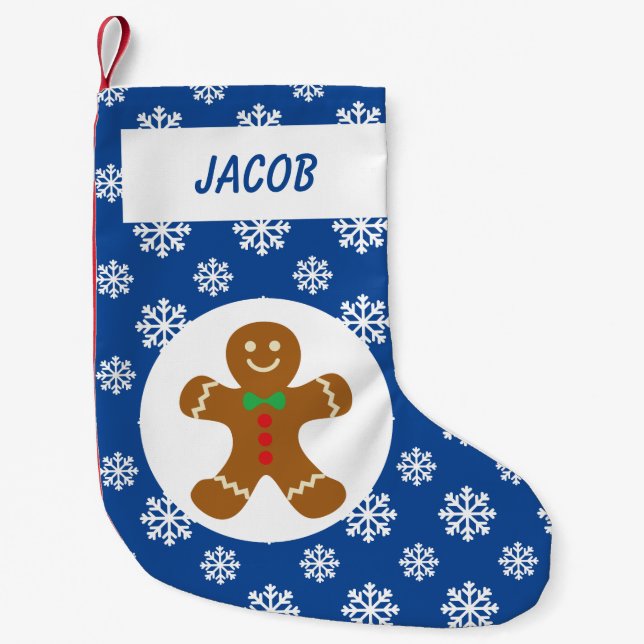 Petite Chaussette De Noël Pain d'épices Homme Snowflakes Personnalisé Bleu (Devant)