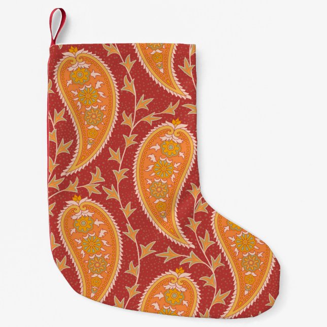 Petite Chaussette De Noël Paisley motif. Concombre turc. Maroon-orange c (Devant)