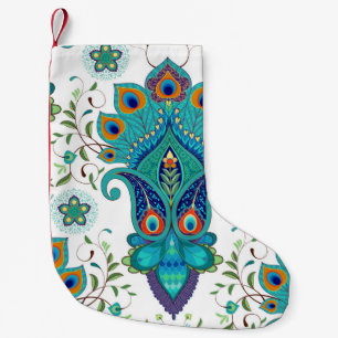 Petite Chaussette De Noël Paisley orientale, motif en plumes paon.