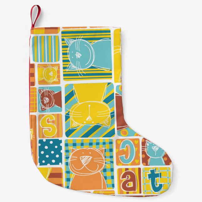 Petite Chaussette De Noël Papier peint patchwork en tissu de chat amusant, c (Devant)
