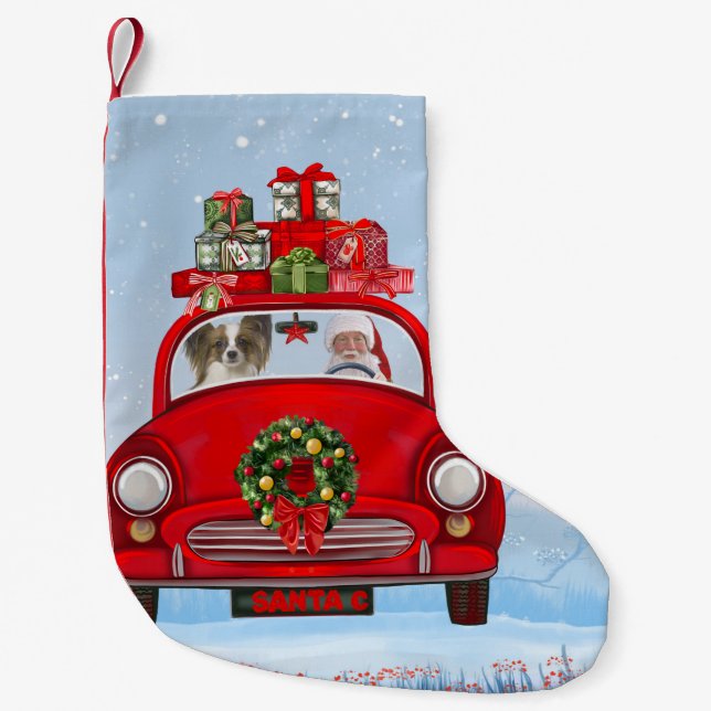 Petite Chaussette De Noël Papillon Chien En Voiture Avec Le Père Noël (Devant)