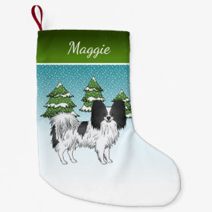 Petite Chaussette De Noël Papillon Noir Et Blanc Mignon Chien Dans La Forêt 