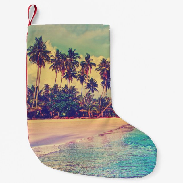 Petite Chaussette De Noël Paradis tropical : mer, hôtel, plage. (Devant)