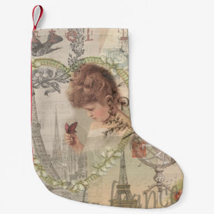 Petite Chaussette De Noël Paris France Jolie Fille Douce Tour Eiffel