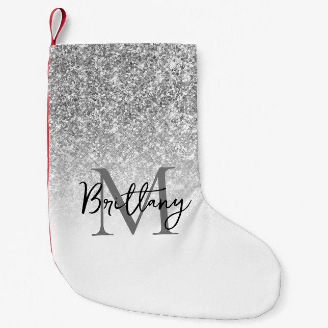 Petite Chaussette De Noël Parties scintillant argent blanc Ombre Monogramme (Devant)