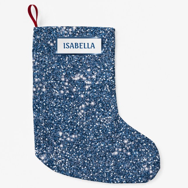 Petite Chaussette De Noël Parties scintillant Bleu Faux Regarder avec nom pe (Devant)
