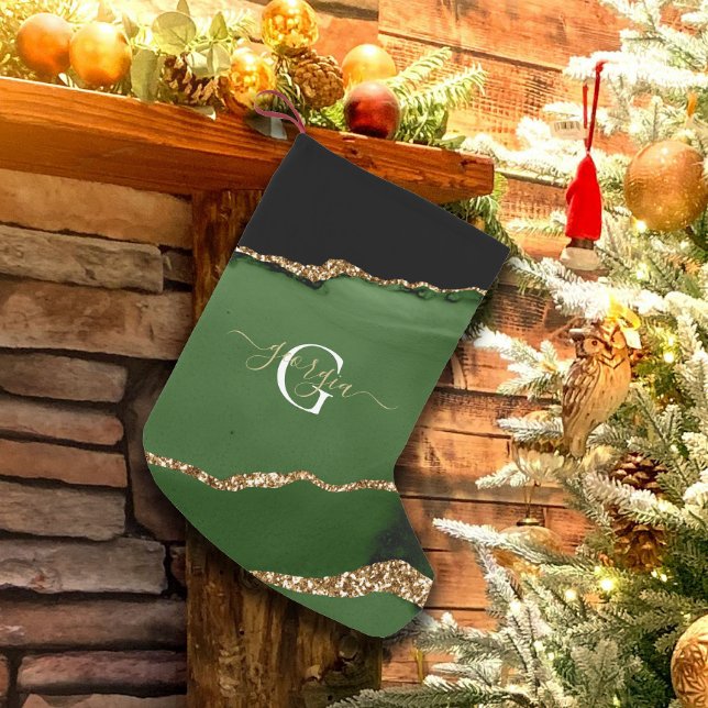 Petite Chaussette De Noël Parties scintillant d'or et Monogramme d'âge vert (Créateur téléchargé)