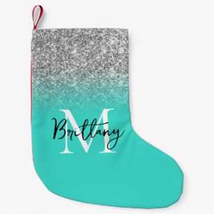 Petite Chaussette De Noël Parties scintillant en argent Turquoise Ombre Mono