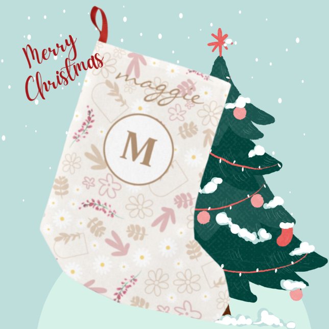 Petite Chaussette De Noël Pastel fille belle motif floral monogrammed (Créateur téléchargé)