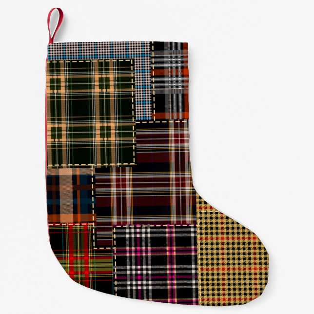 Petite Chaussette De Noël patchwork chercks motif, design tartan, surface  (Devant)