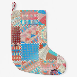Petite Chaussette De Noël Patchwork de toile brute : Motif Vintage texturé