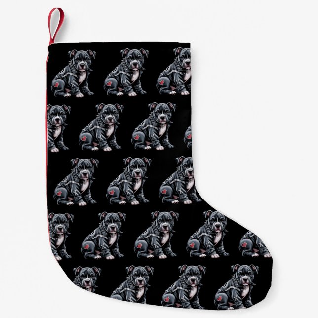 Petite Chaussette De Noël Patchwork en denim Pitbull Chien Rockeur Gothique (Devant)