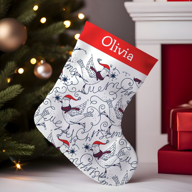 Petite Chaussette De Noël Patinage de Noël Oiseaux Monogramme (Créateur téléchargé)