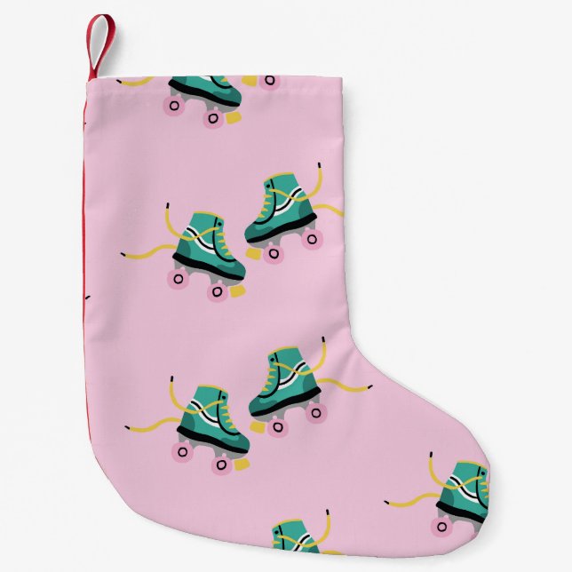 Petite Chaussette De Noël Patins à rouleaux rétrogrades : motif rose. (Devant)