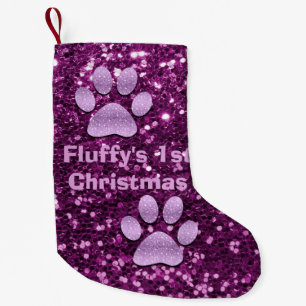 Petite Chaussette De Noël Patte de chiot violet Faux Pailletage 1er Noël