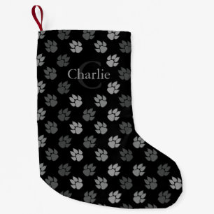 Petite Chaussette De Noël Pattes de chien noires et grises avec monogramme e